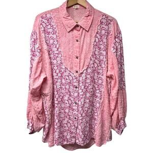 POL Women's Pink Paisley Floral Oversized Long Sleeve Tunic Shirt Size Large